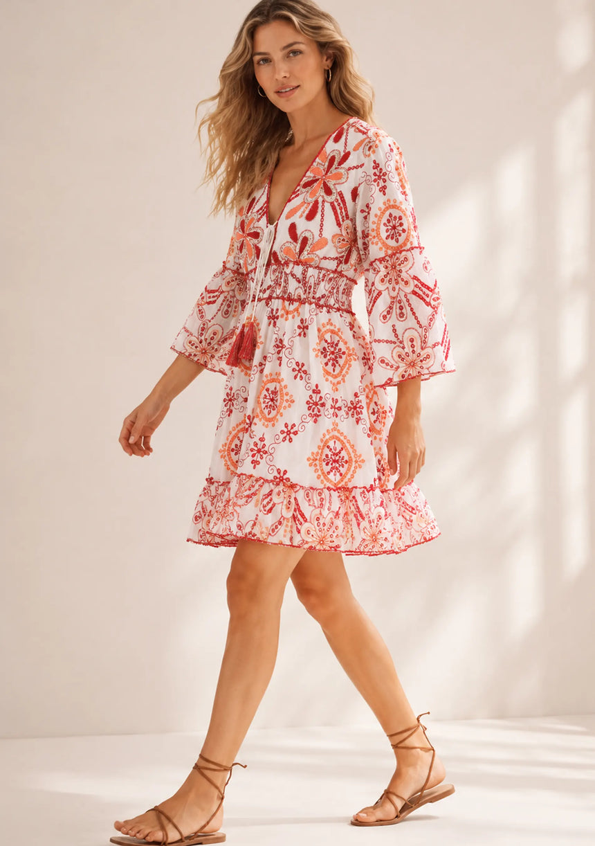 Minivestido de algodón con cuello en V para mujer - Kiran
