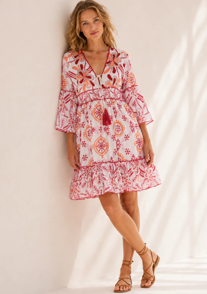 Minivestido de algodón con cuello en V para mujer - Kiran