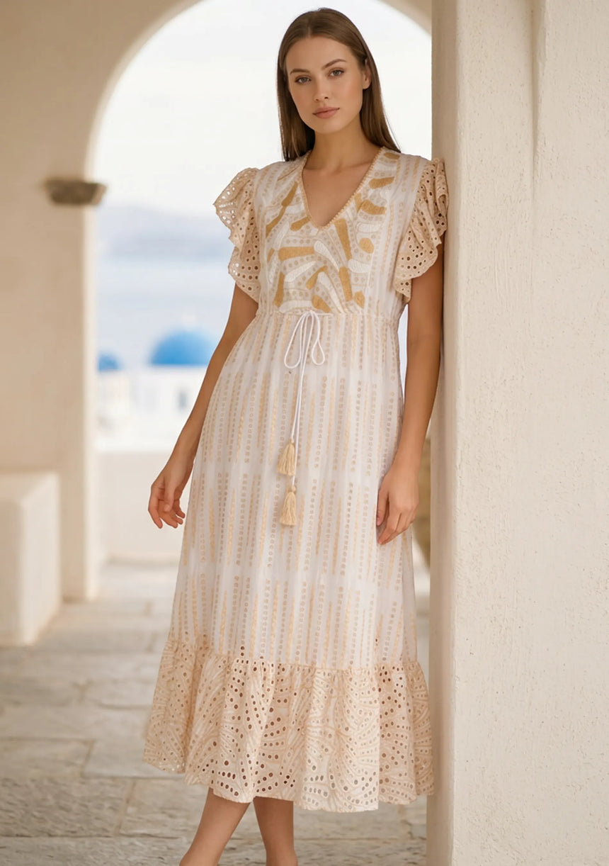 Women's Hand Embroidered Cotton Maxi Dress V-Neck - Mila