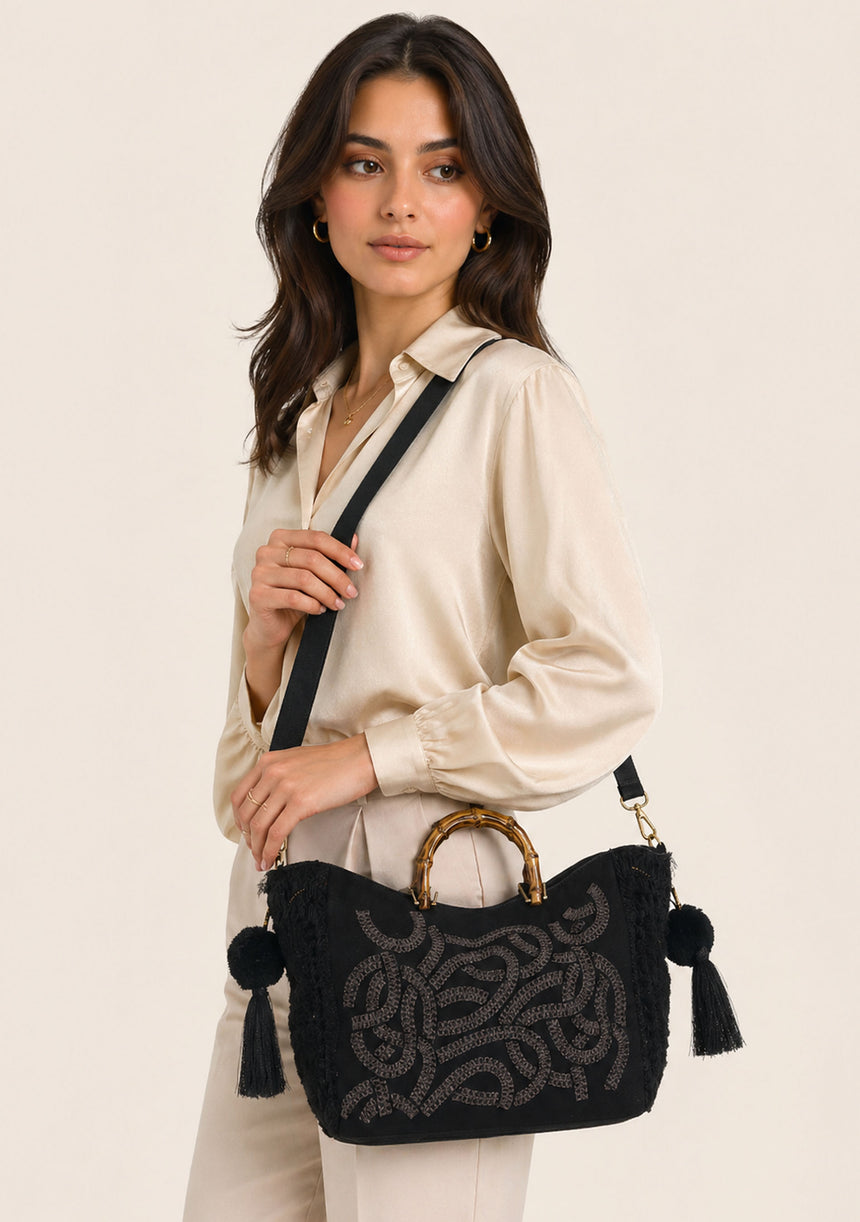 Bolso de mano de lona bordado para mujer - Avellana