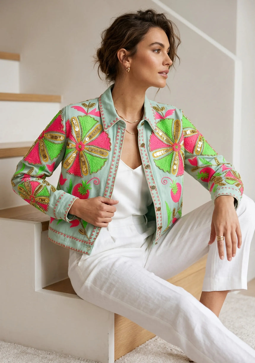 Women's Artisan Hand Embroidery Canvas Jacket - Meliah