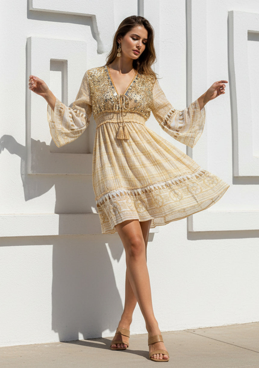 ibBan Printed Cotton Hand Embroidered Short Dress - Cheka