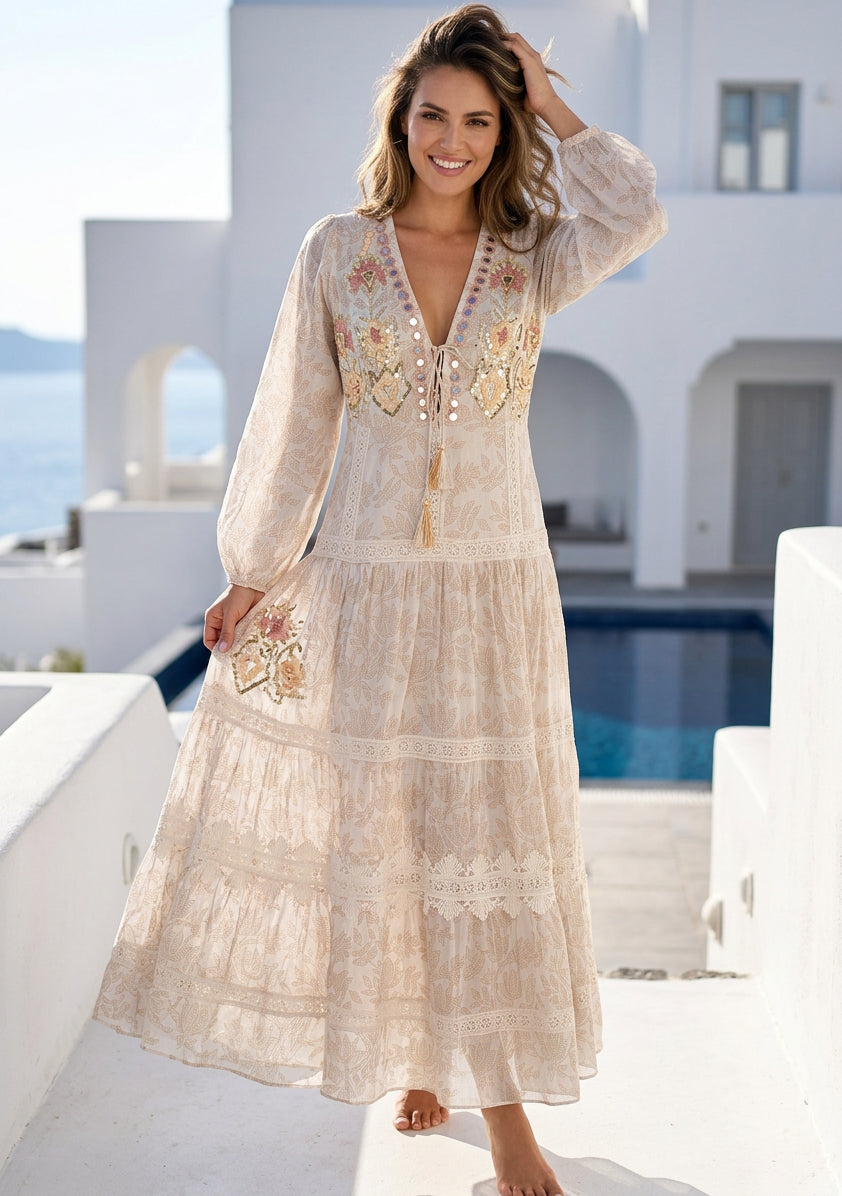 Women's Hand Embroidered Printed Cotton Maxi Dress V-Neck- Aza