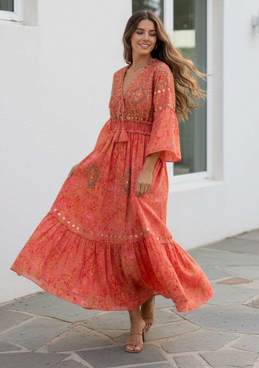 ibBan Printed Long Dress with Hand Embroidery | Women's Resort Maxi Dress - Maya