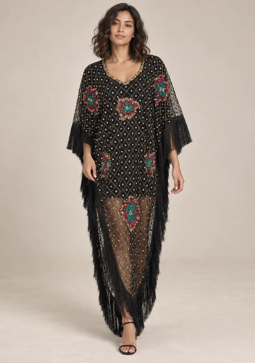 ibBan Black Kaftan Dress with Hand Beadwork & Fringe - Felipe