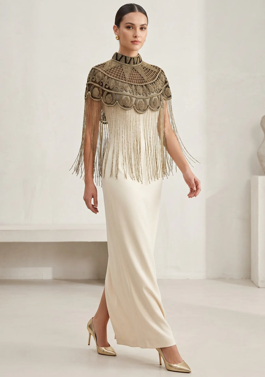 ibBan Luxury Hand Beaded Party Cape | Gold Embroidered Evening Cape for Women - Linza