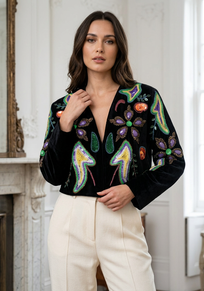 ibBan Women's Hand Embroidered Velvet Winter Jacket- Nigar Jacket