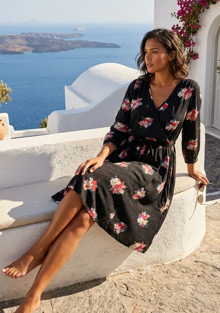 ibBan Black Floral Printed Cotton Summer Dress | Women's Casual Holiday Dress -Dalia