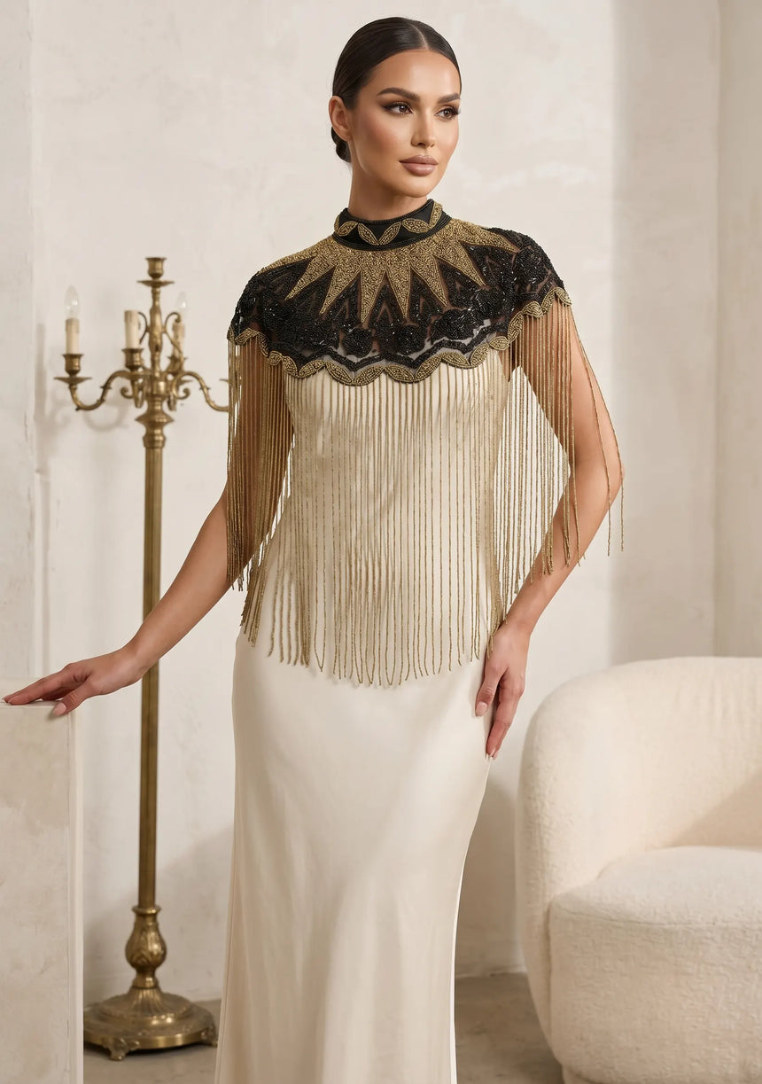 ibBan Black & Gold Hand Beaded Party Cape | Luxury Embroidered Evening Cape - Gunsa