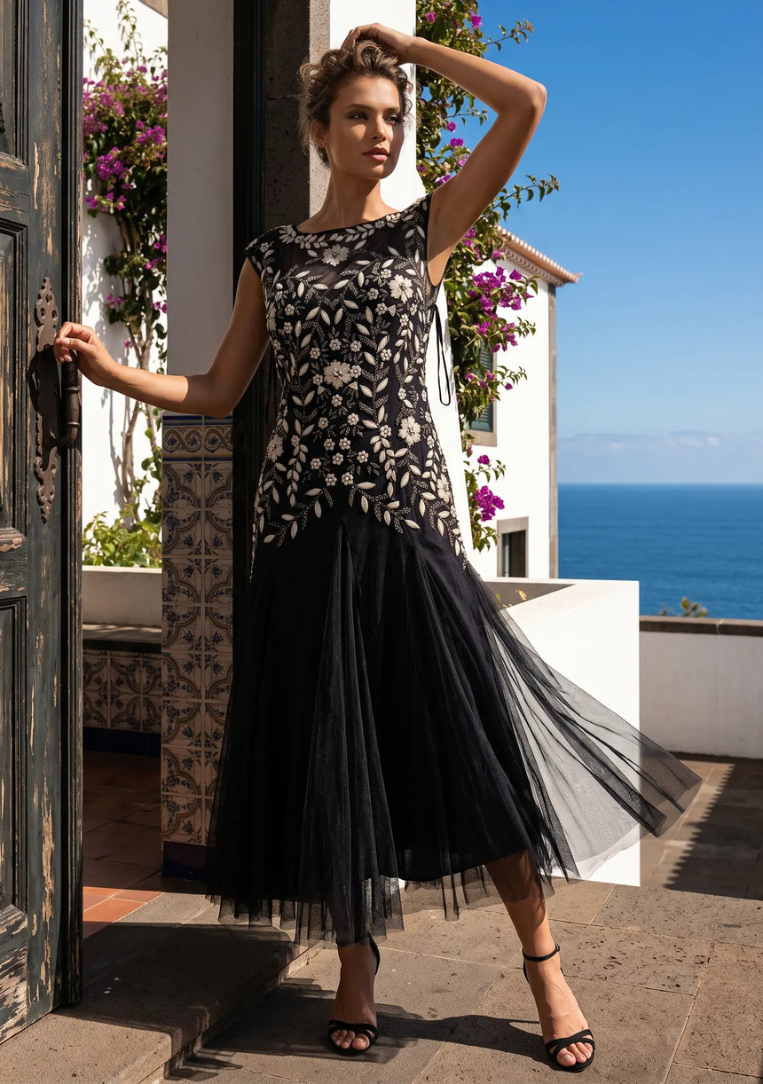 ibBan Hand Embroidered Party Dress | Elegant Black Evening Dress - Fibala