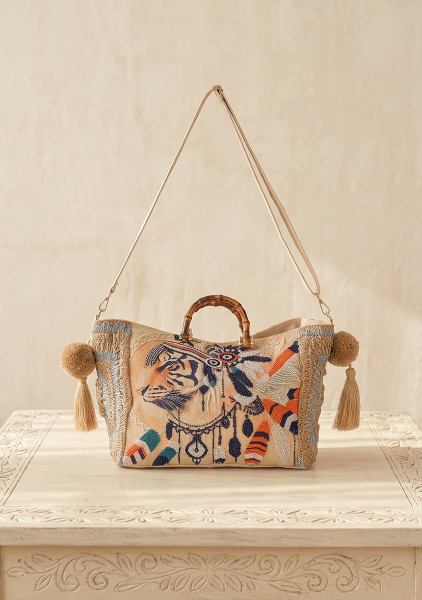 Bolso de lona bordado para mujer - León