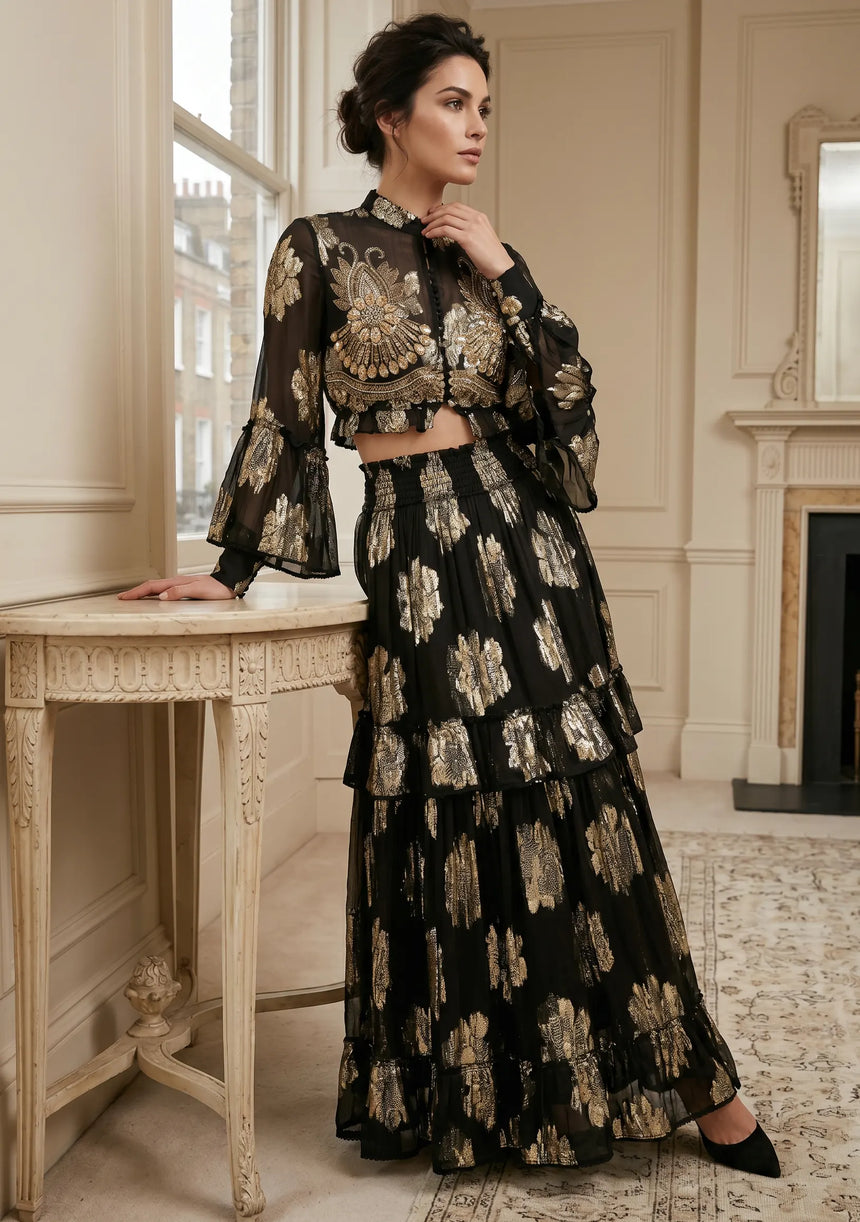 ibBan Hand Embroidered Cotton Lurex Skirt Blouse Set | Luxury Occasion Wear - Varsha