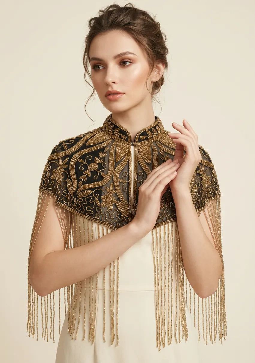 ibBan Black & Gold Beaded Net Neck Cape - Daina