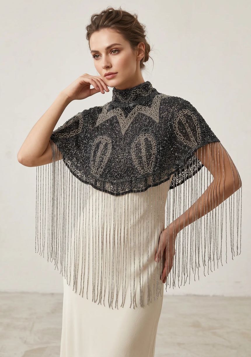 Women's Black Beaded Fringe Cape | Luxury Embroidered Cape by ibBan - Ela
