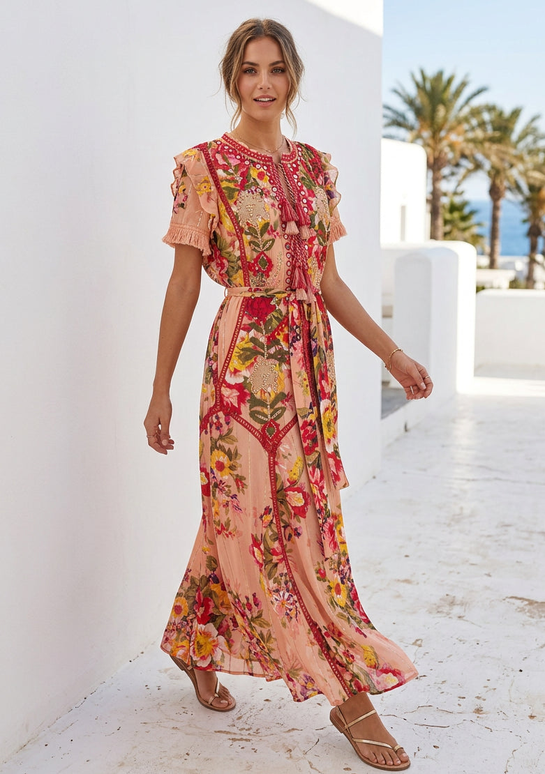 Women's Hand Embroidered Printed Cotton Long Dress Round Tie-Up Neck- Asia