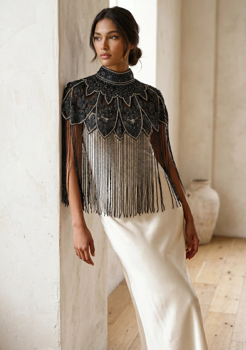 ibBan Black Hand Beaded Party Cape | Luxury Embroidered Evening Cape - Mazi