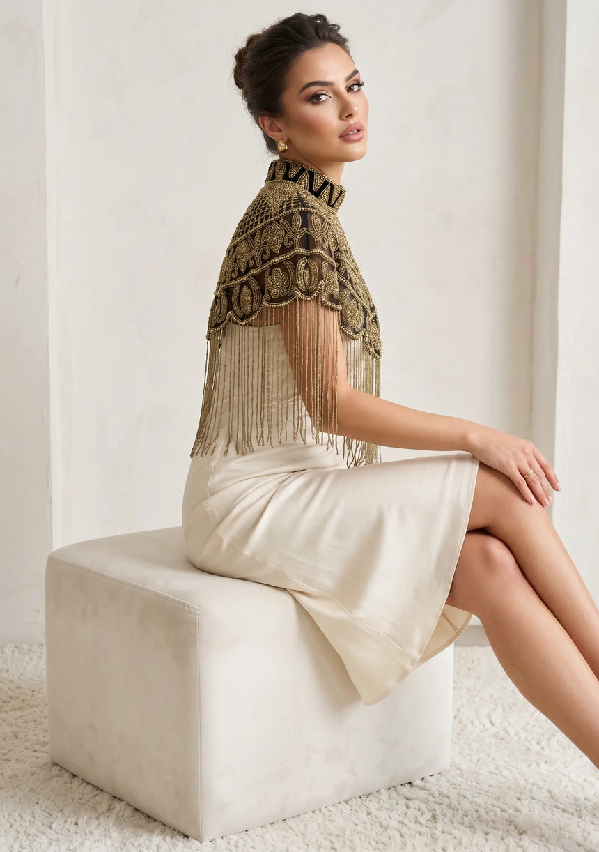 ibBan Luxury Hand Beaded Party Cape | Gold Embroidered Evening Cape for Women - Linza