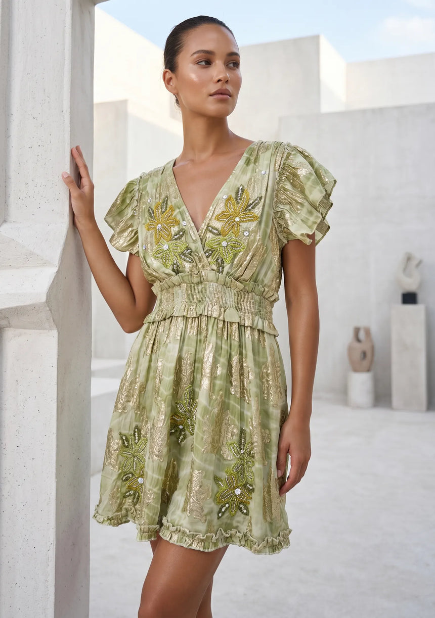 ibBan Premium Cotton Lurex Short Dress with Hand Embroidery -Iruka
