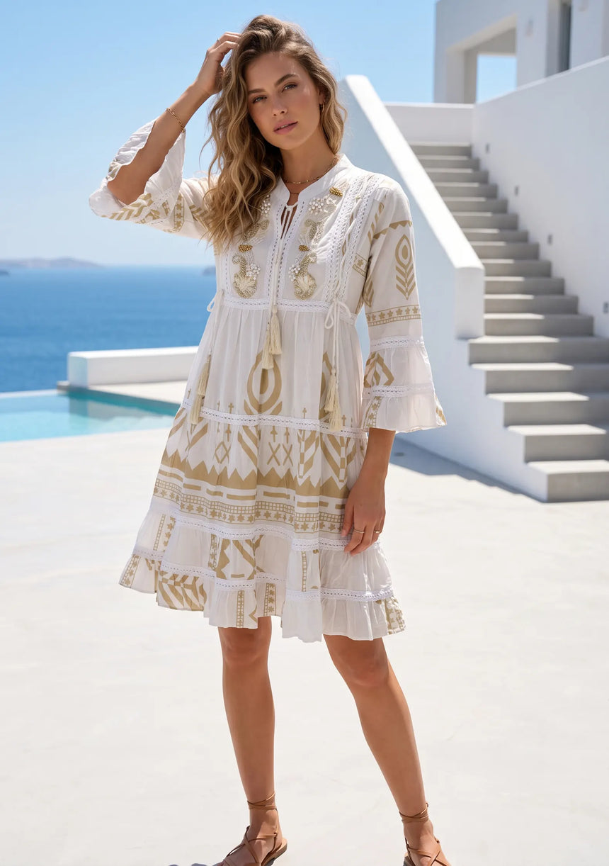 Boho Cotton Tunic Dress with Embroidery for Women | ibBan - Aura