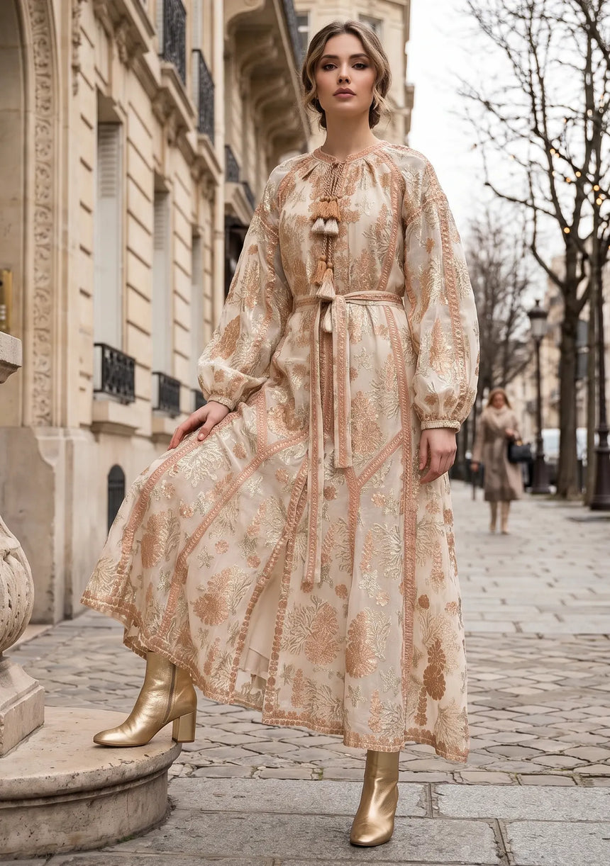 ibBan Beige Hand Embroidered Winter Maxi Dress | Cotton Lurex Luxury Dress - Efnan