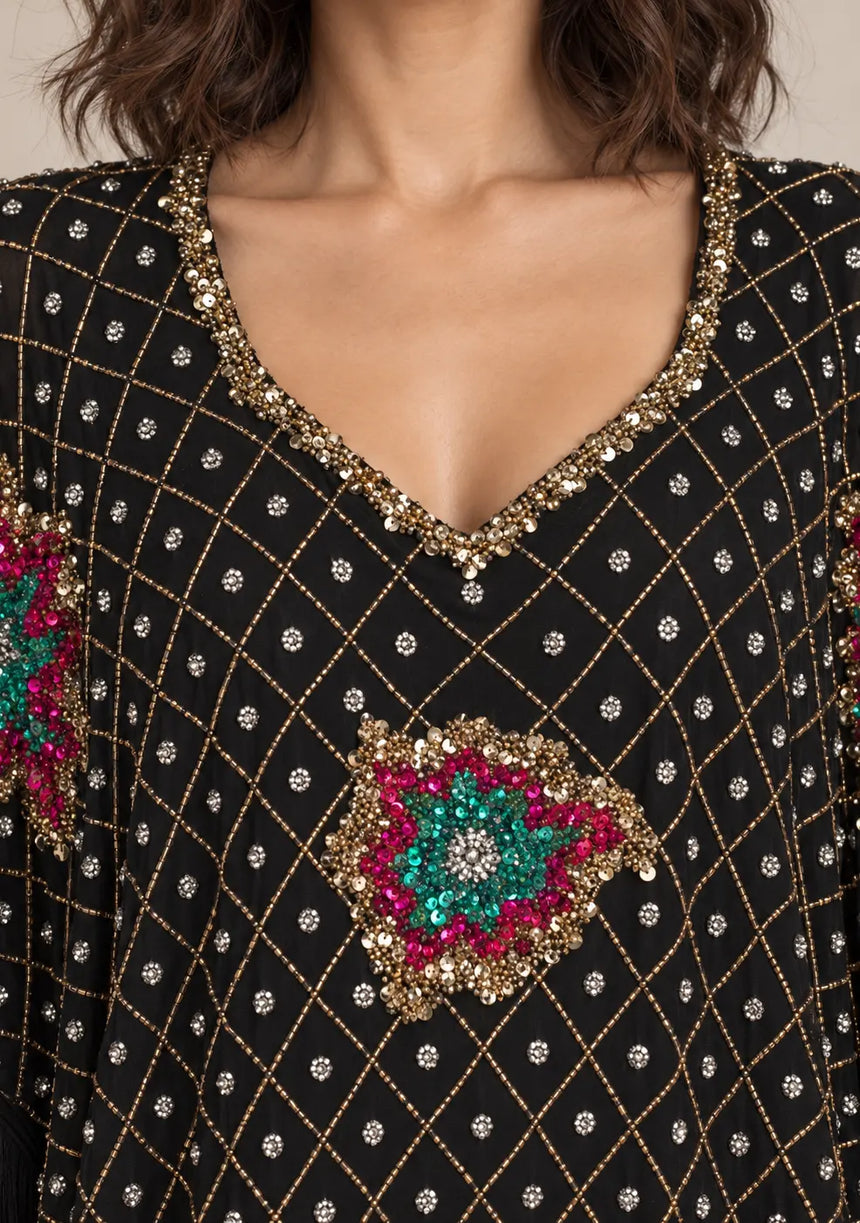 ibBan Black Kaftan Dress with Hand Beadwork & Fringe - Felipe