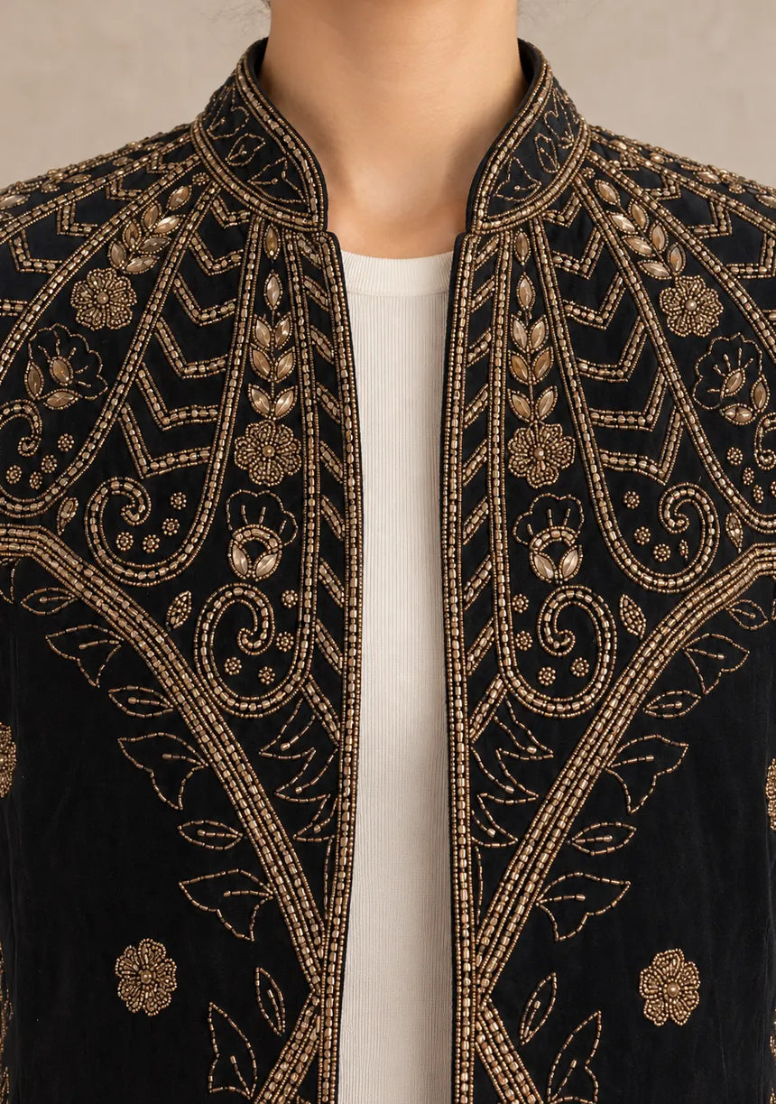ibBan Women’s Black Mesh Jacket with Hand Embroidered - Jordyan