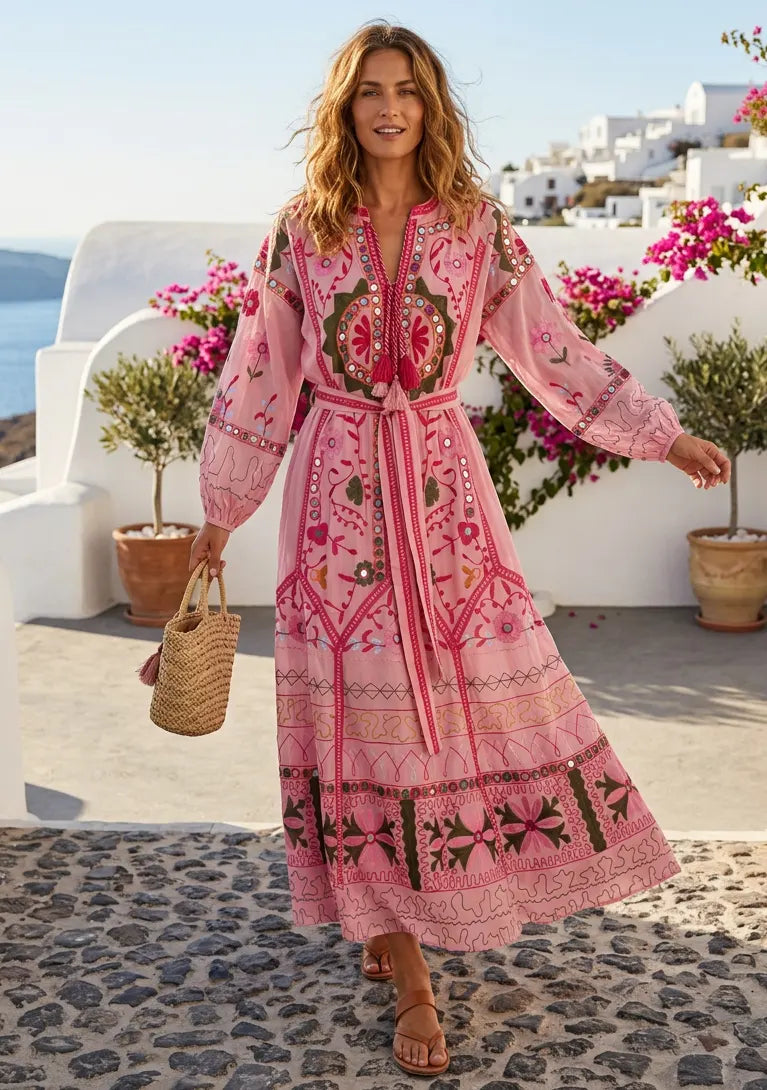 ibBan Pink Embroidered Cotton Maxi Dress | Women's Bohemian Resort Wear-Orla