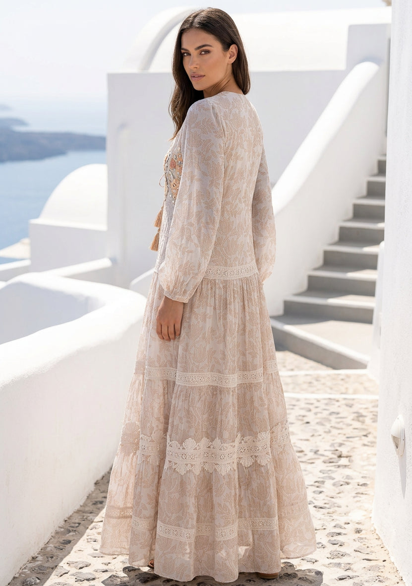 Women's Hand Embroidered Printed Cotton Maxi Dress V-Neck- Aza