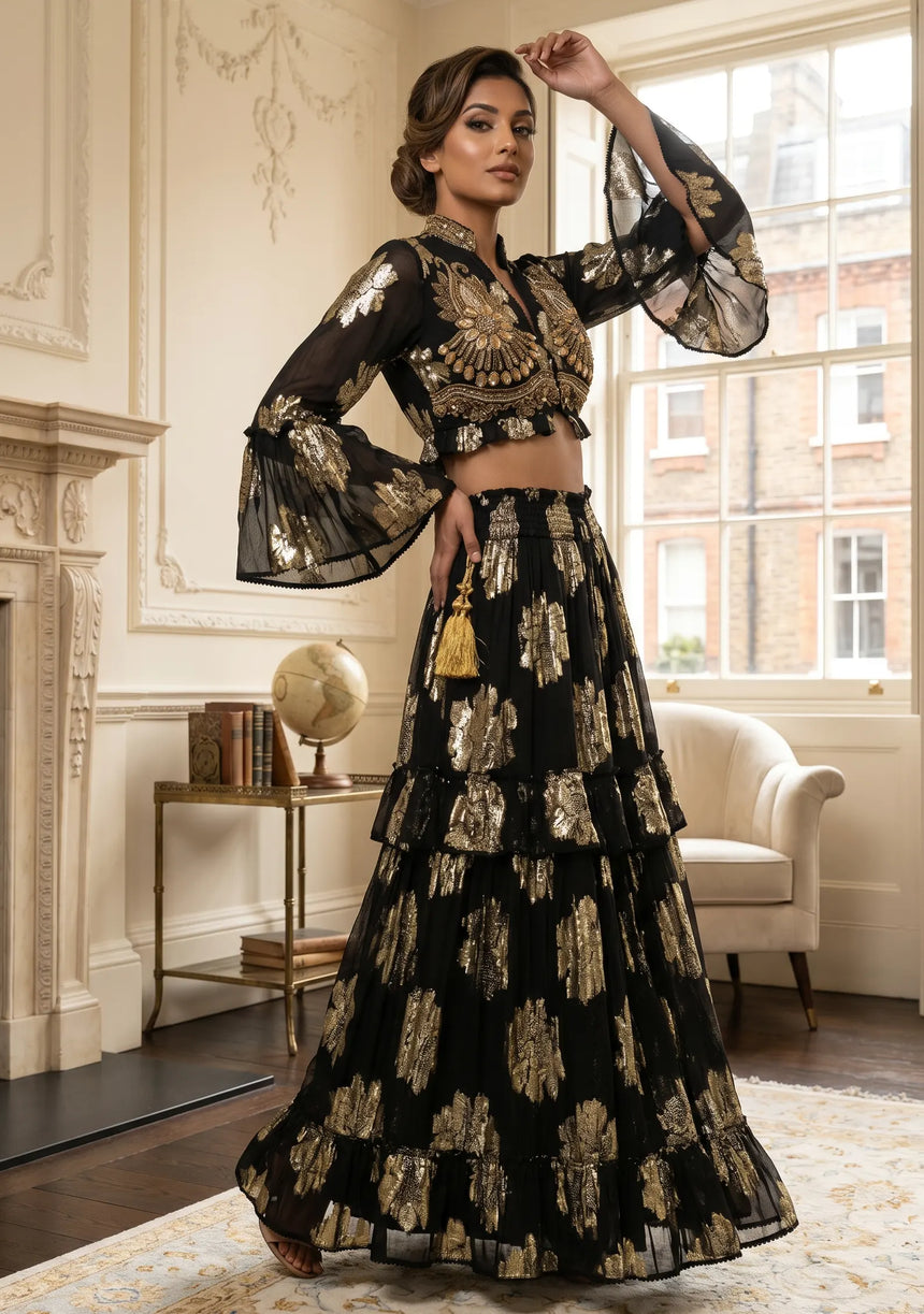 ibBan Hand Embroidered Cotton Lurex Skirt Blouse Set | Luxury Occasion Wear - Varsha