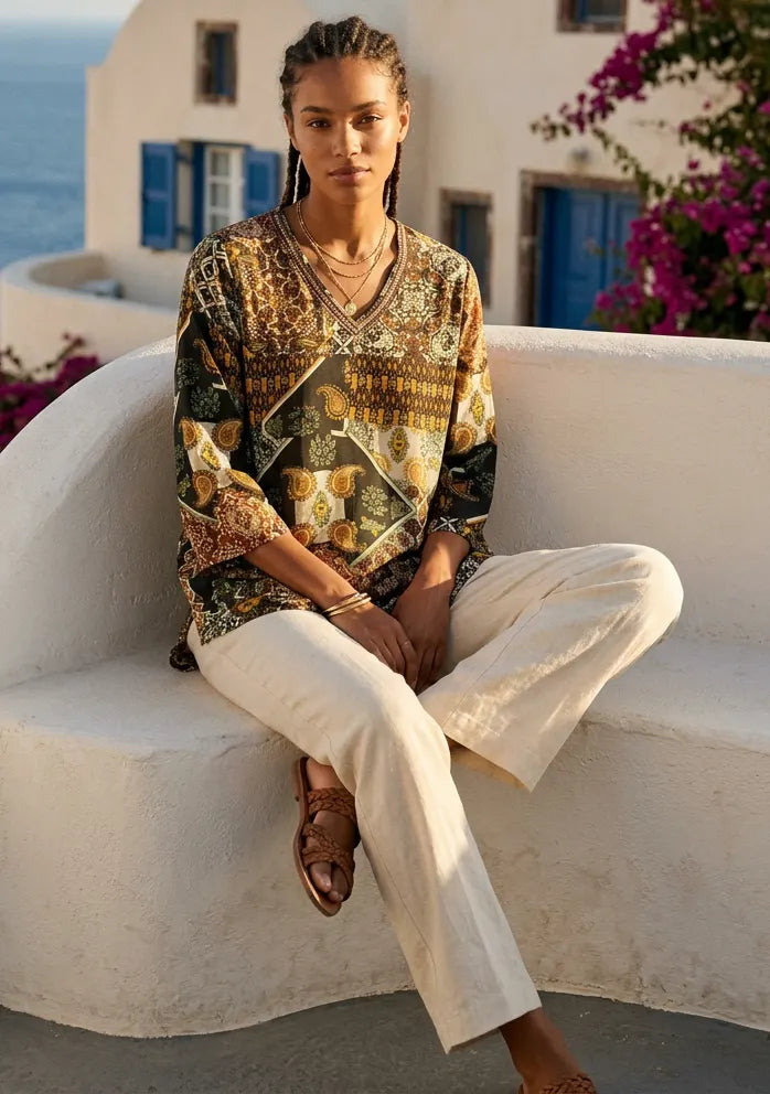 ibBan Multicolor Printed Cotton Tunic with Embroidery | Women's Boho Tunic -Birsen