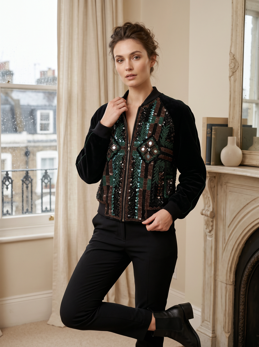 ibBan Women's Hand Embroidered Bomber Jacket -Anum
