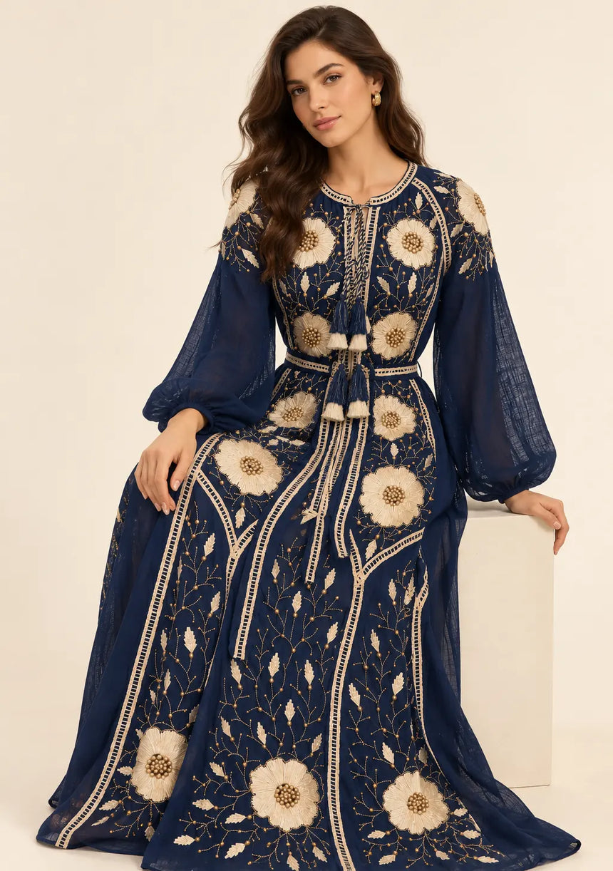 ibBan Floral Embroidered Cotton Long Dress - Johri