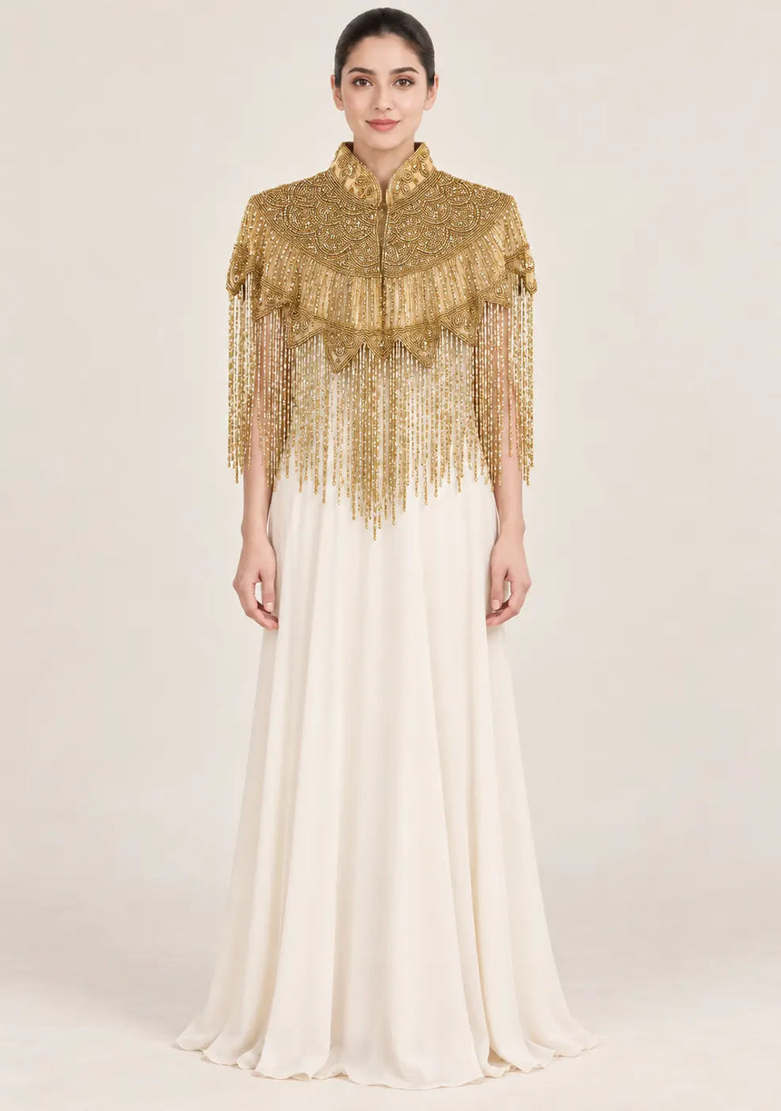 ibBan Gold Luxury Embroidered Evening Cape -Efli