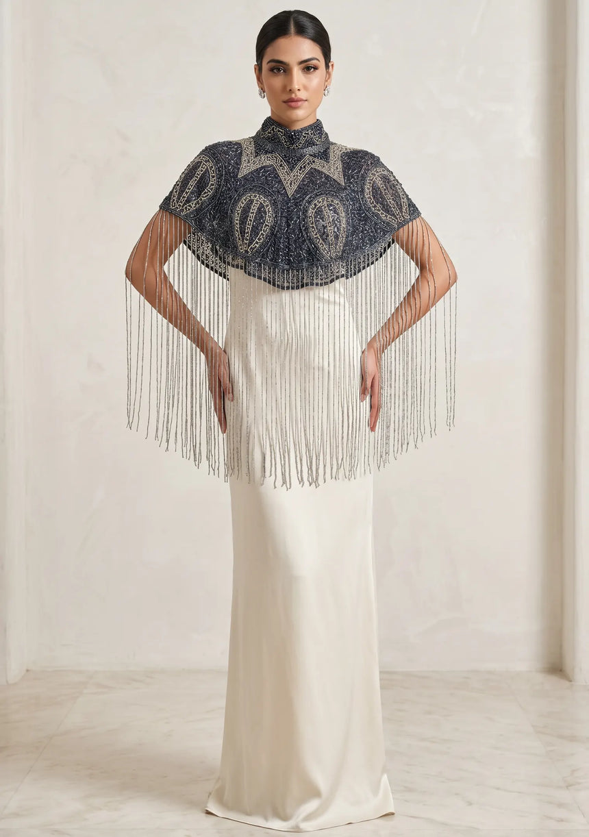 Women's Black Beaded Fringe Cape | Luxury Embroidered Cape by ibBan - Ela