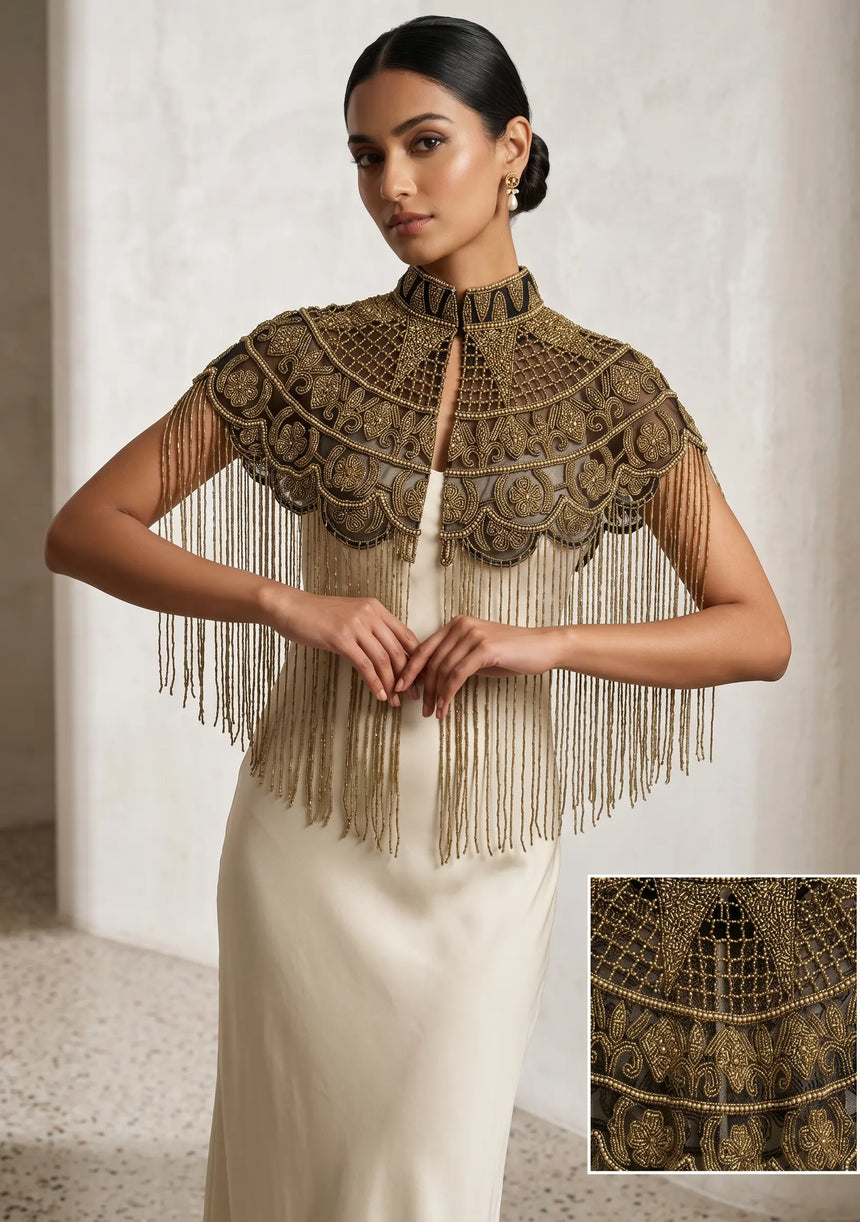 ibBan Luxury Hand Beaded Party Cape | Gold Embroidered Evening Cape for Women - Linza