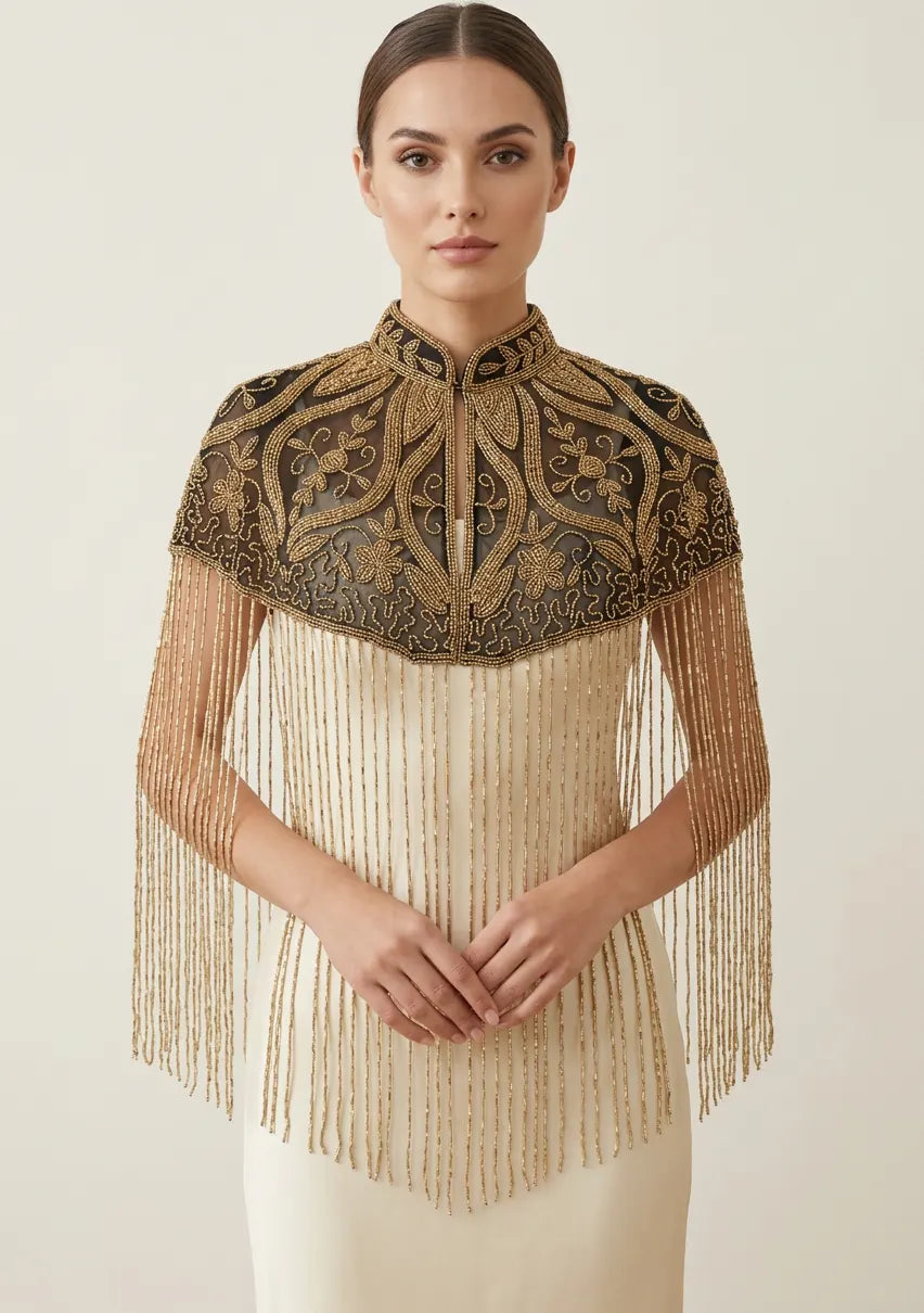 ibBan Black & Gold Beaded Net Neck Cape - Daina