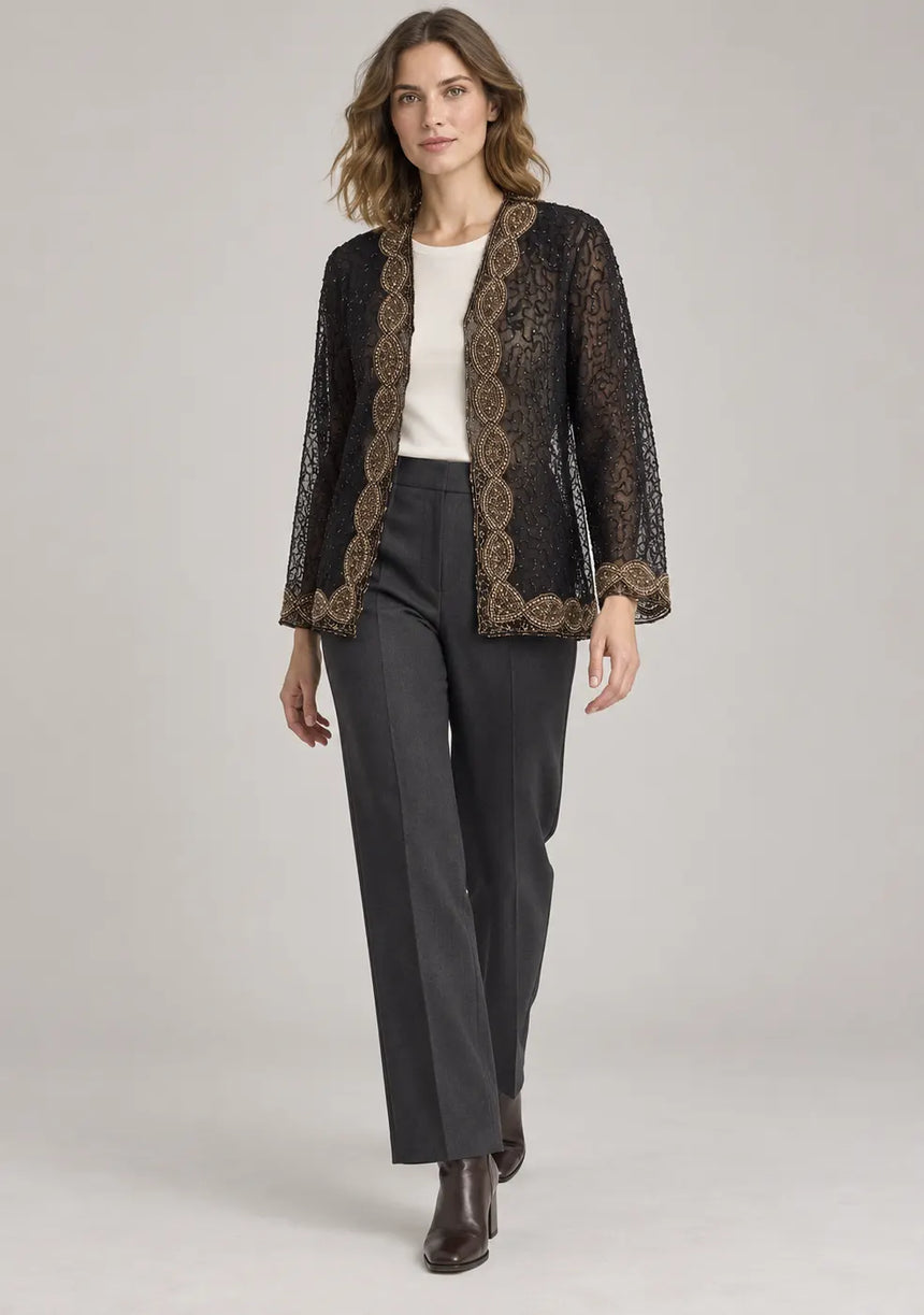 ibBan Women’s Black Mesh Long Jacket with Hand Embroidered - Aminta