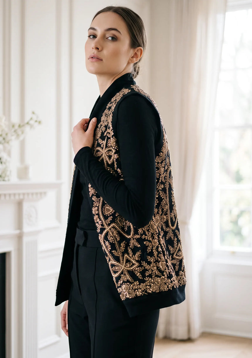 ibBan Luxury Black Gilet with Heavy Gold Hand Embroidery - Goldy Gilet