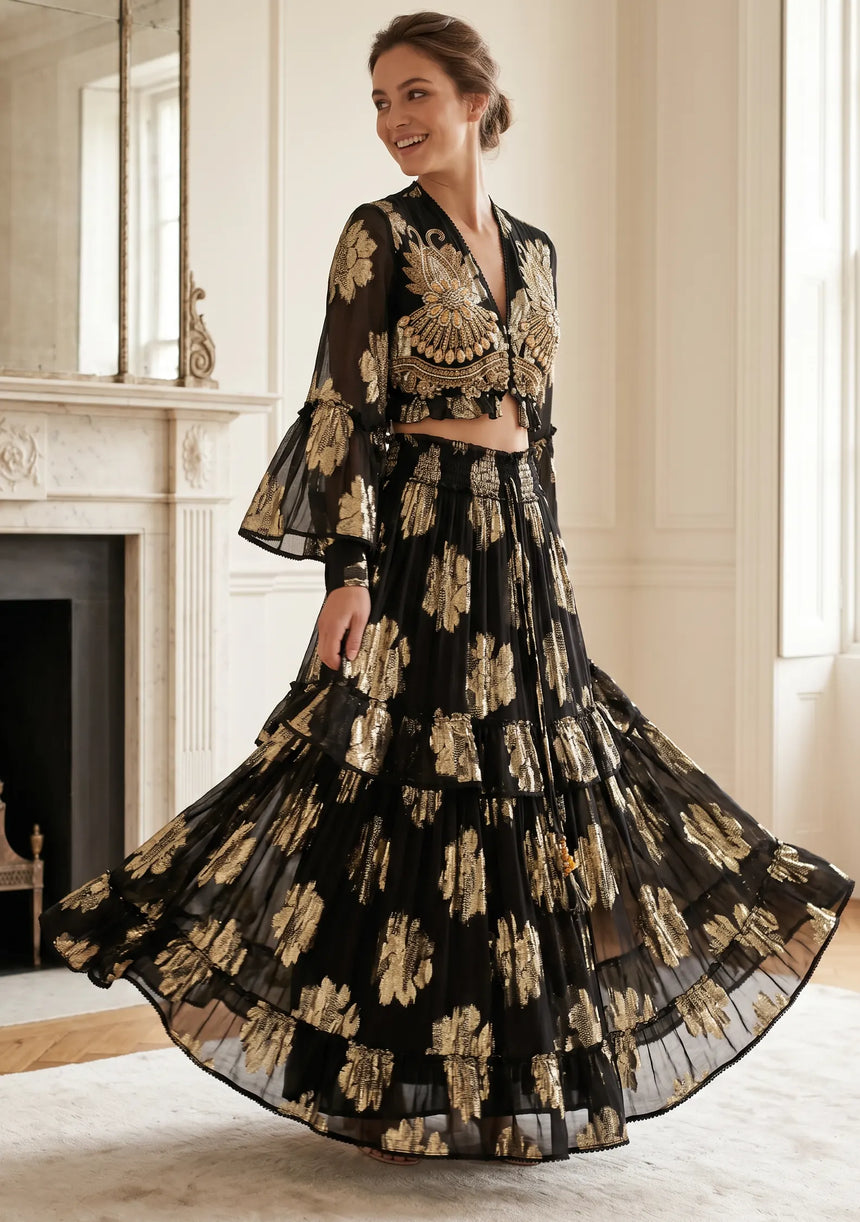 ibBan Hand Embroidered Cotton Lurex Skirt Blouse Set | Luxury Occasion Wear - Varsha