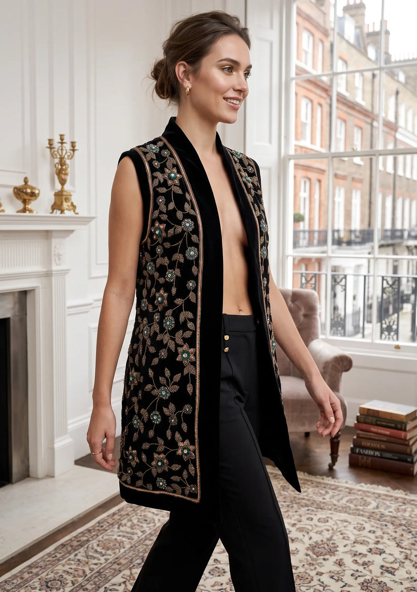 ibBan Women's Luxury Hand Embroidered Gilet | Designer Sleeveless Ves -Asleen