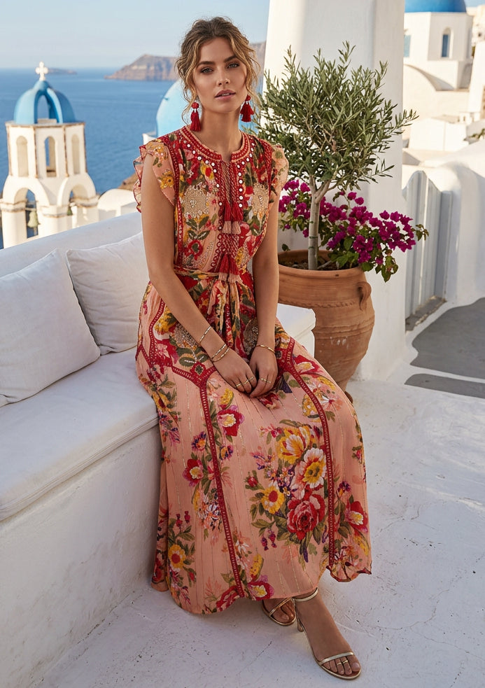 Women's Hand Embroidered Printed Cotton Long Dress Round Tie-Up Neck- Asia