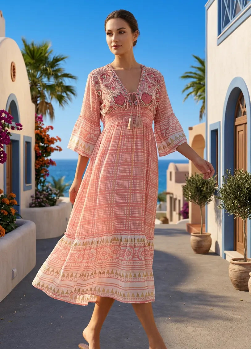ibBan Hand Embroidered Long Cotton Maxi Dress - Chek Print