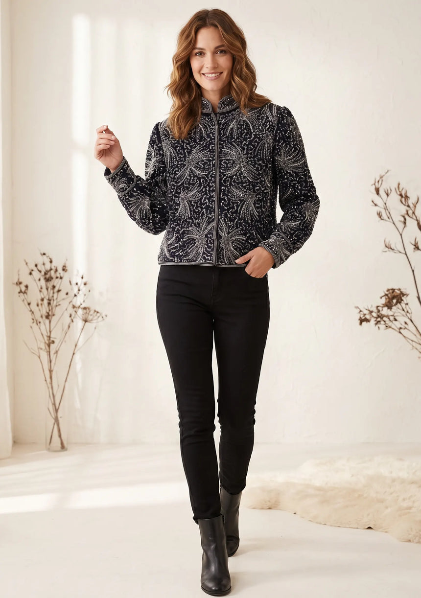 ibBan Luxury Heavy Hand Embroidered Winter Jacket | Women's Designer Statement Jacket - Idli