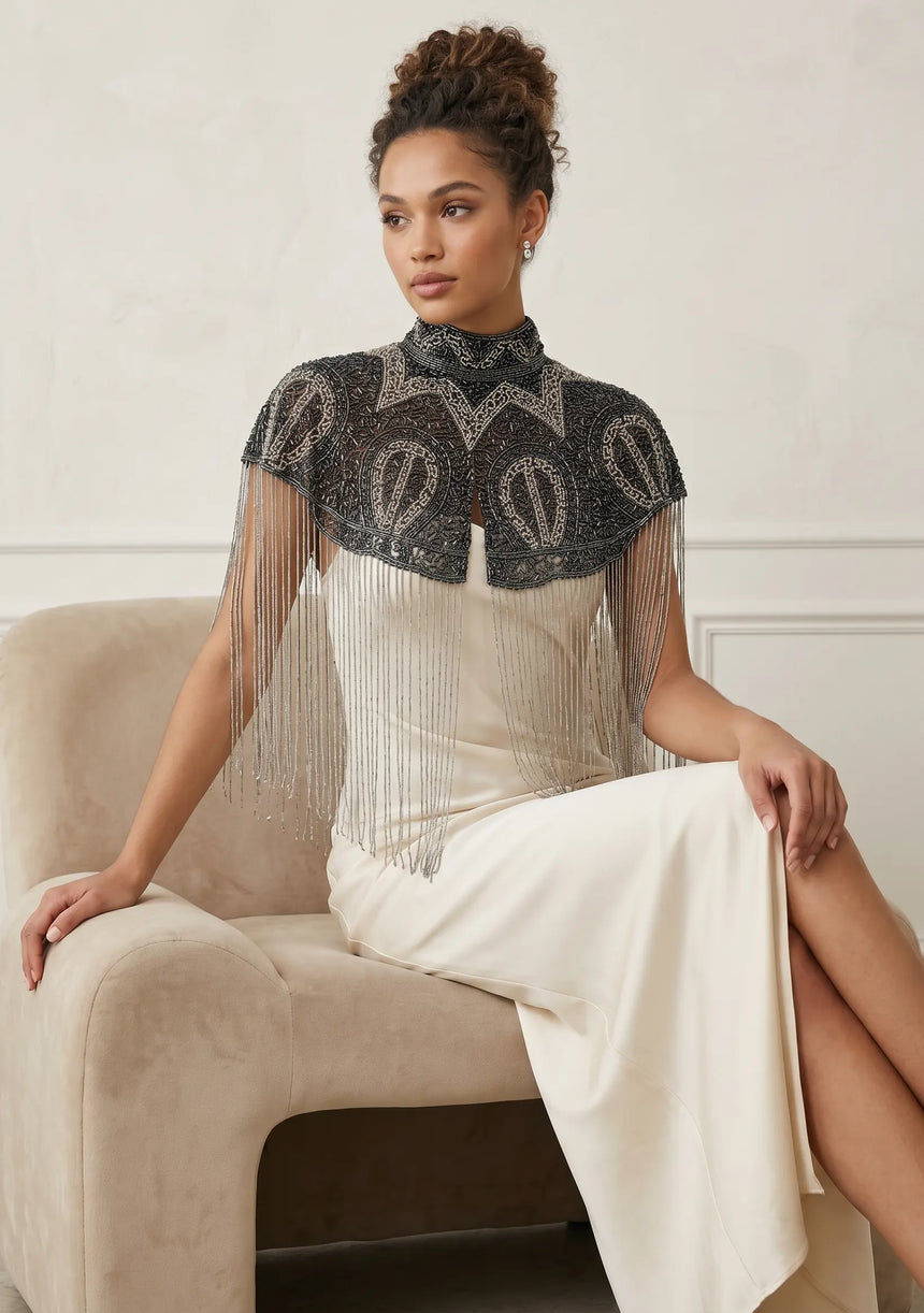 Women's Black Beaded Fringe Cape | Luxury Embroidered Cape by ibBan - Ela