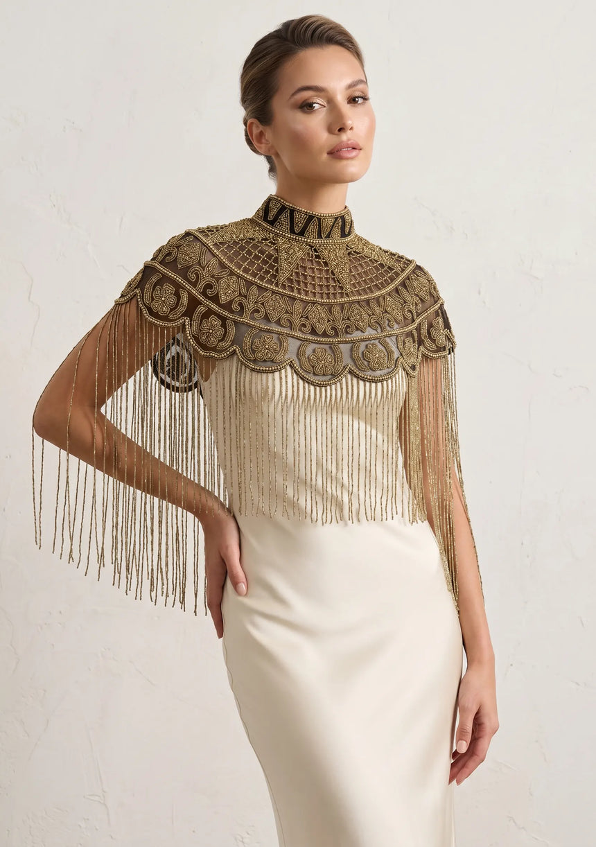 ibBan Luxury Hand Beaded Party Cape | Gold Embroidered Evening Cape for Women - Linza