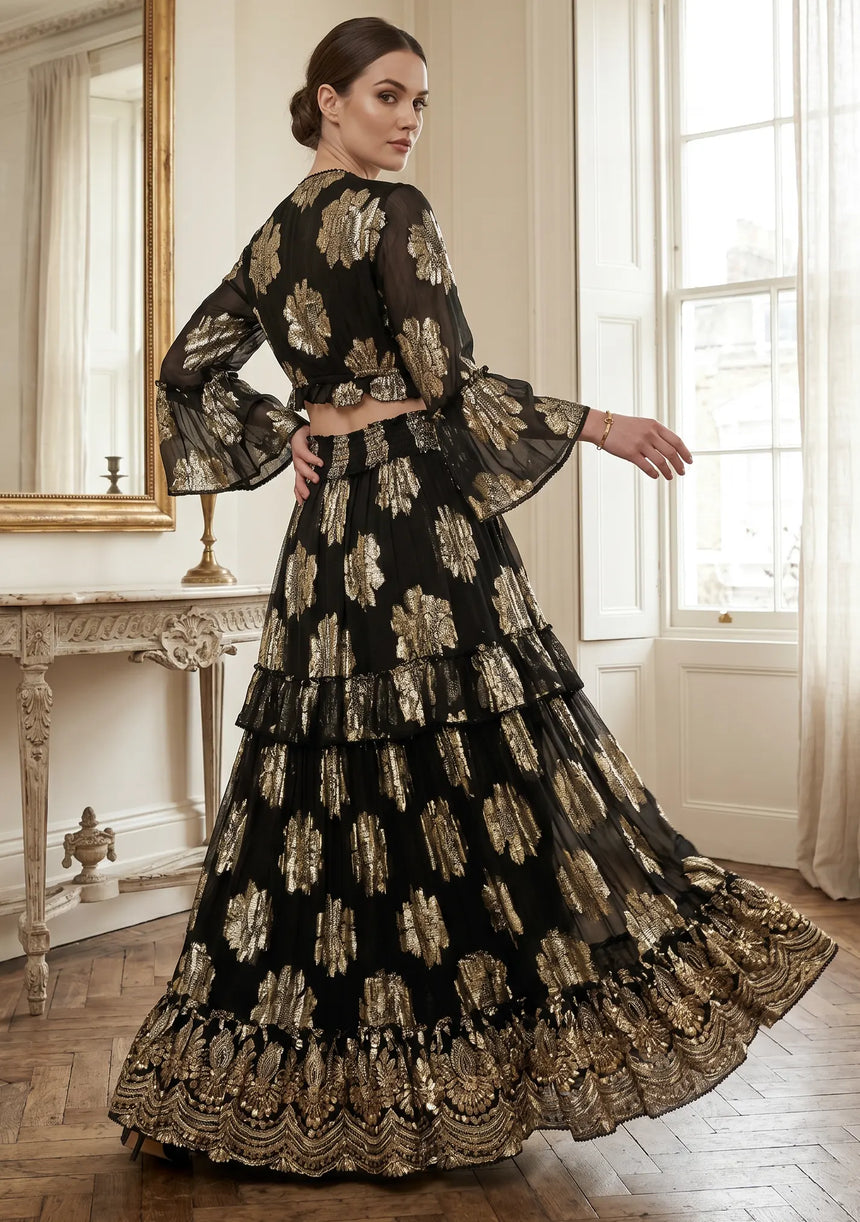 ibBan Hand Embroidered Cotton Lurex Skirt Blouse Set | Luxury Occasion Wear - Varsha