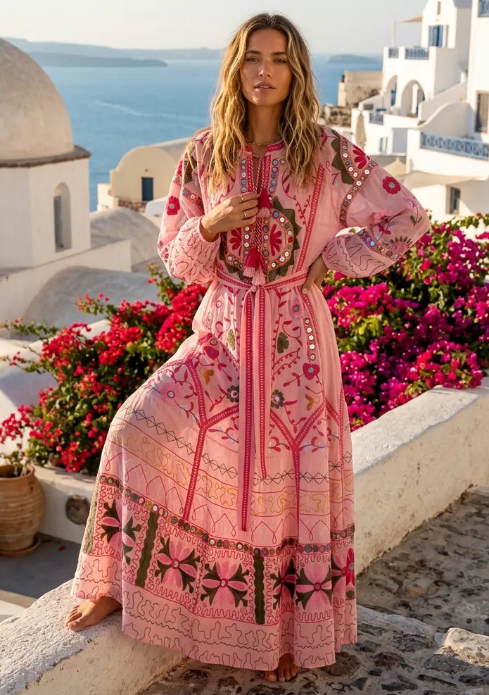 ibBan Pink Embroidered Cotton Maxi Dress | Women's Bohemian Resort Wear-Orla