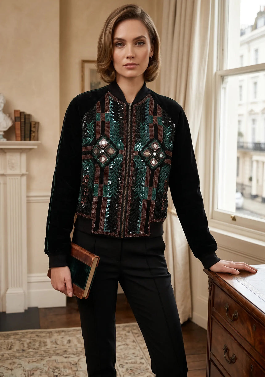 ibBan Women's Hand Embroidered Bomber Jacket -Anum