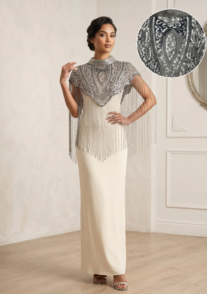 ibBan Silver Hand Beaded Party Cape | Luxury Embroidered Evening Cape -Efli