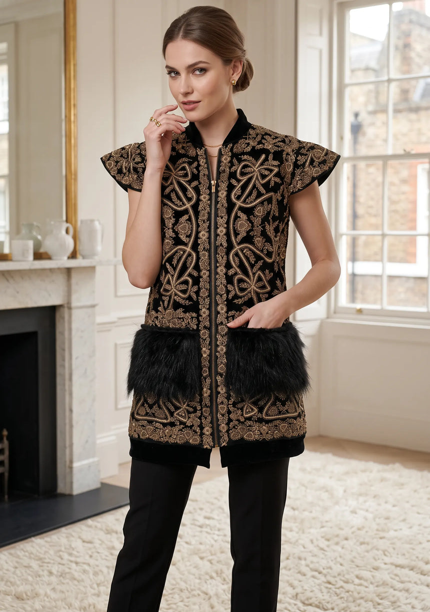 ibBan Luxury Black Vest Coat with Heavy Gold Hand Embroidery - Goldy Vest Coat